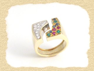 750/ooo Gelbgold-Ring mit Diamanten und Farbsteinen 